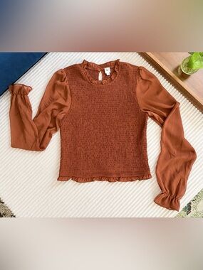 EUC Autres Filles Rust Smocked Ruffle Long-Sleeve Top Women’s Large